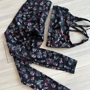 lululemon athletica Black Floral Print Leggings and Sports Bra Set